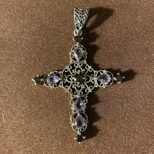 Sterling Silver 925 Amethyst and Garnet Cross Pendant